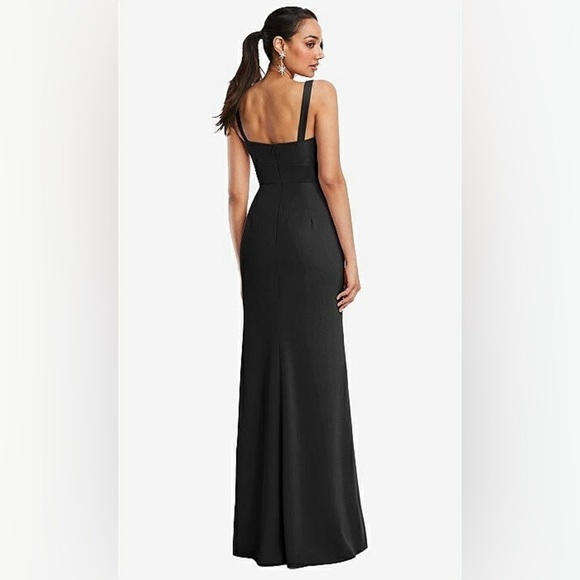 NWT Dessy Collection Black Cowl-Neck Wide Strap Crepe Trumpet Gown Front Slit 2R - Picture 3 of 16